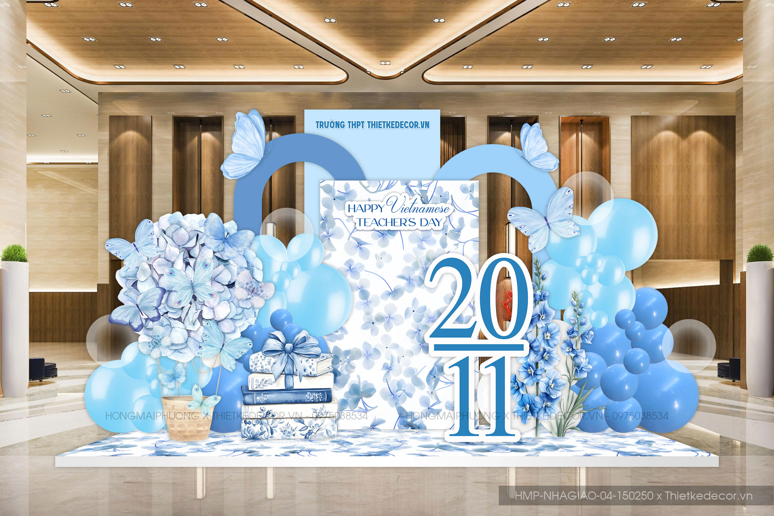 Backdrop checkin ngày Nhà giáo Việt Nam 20-11 tone xanh phối hoa bướm xinh sang